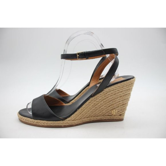 Tory Burch Black Marion Leather Espadrille Trim Quilted Wedge Sandals 9.5 M - Picture 10 of 12